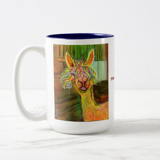 Hilda-Alpaka mit der Geschichten-Tasse Zweifarbige Tasse (Links)