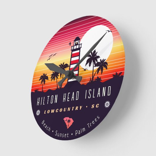Hilton Head Leuchtturm SC Retro Sunset Souvenirs Runde Wanduhr (Winkel)