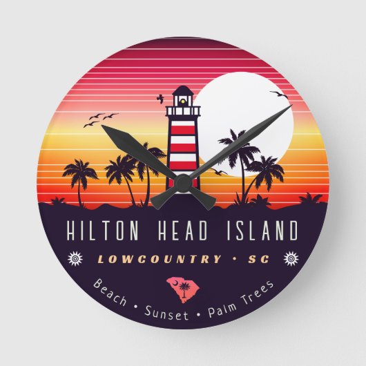 Hilton Head Leuchtturm SC Retro Sunset Souvenirs Runde Wanduhr (Vorderseite)