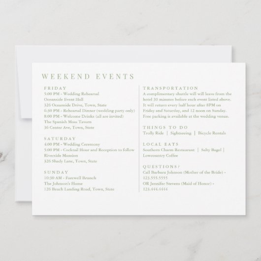 Hilton Head Sage Green Wedding Willkommenstour Dankeskarte (Rückseite)