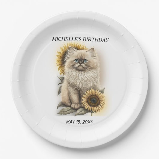Himalayan-Kätzchen-Katze Sonnenblumen Geburtstagsn Pappteller (Vorderseite)