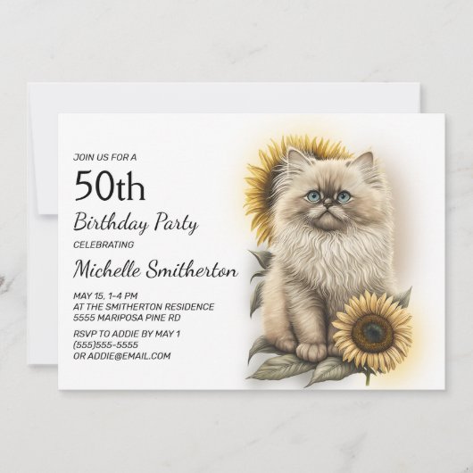 Himalayan Kitten Cat Sonnenblumen 50. Geburtstag Einladung (Vorderseite)