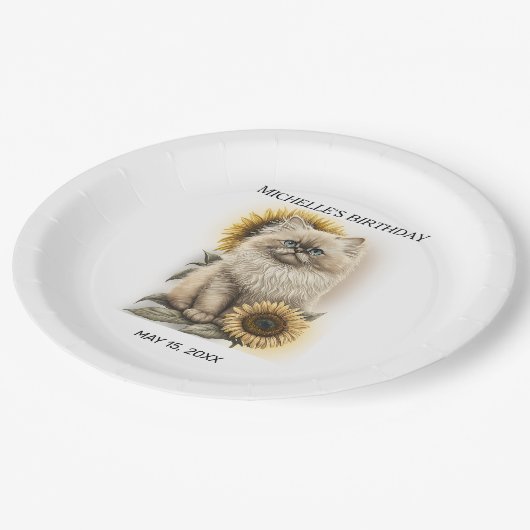 Himalayan Kitten Cat Sunflores Geburtsname Pappteller (Schrägansicht)