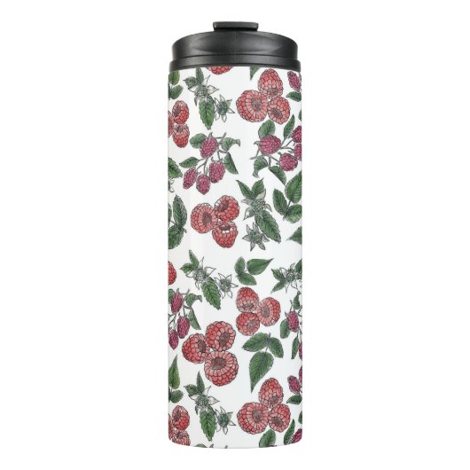 Himbeer-Frucht-Blätter-Illustrationsmuster Thermosbecher (Vorderseite)