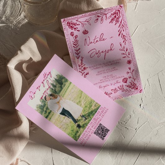 Himbeer-Rosa QR-Code gezeichnete florale Foto-Hoch Einladung