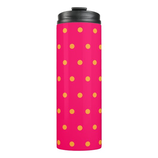 Himbeer- und orangefarbene Polka-Punkte Thermosbecher (Vorderseite)