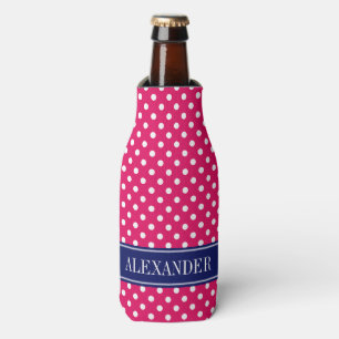 Himbeer Weiße Polka Punkte Navy Name Monogramm Flaschenkühler