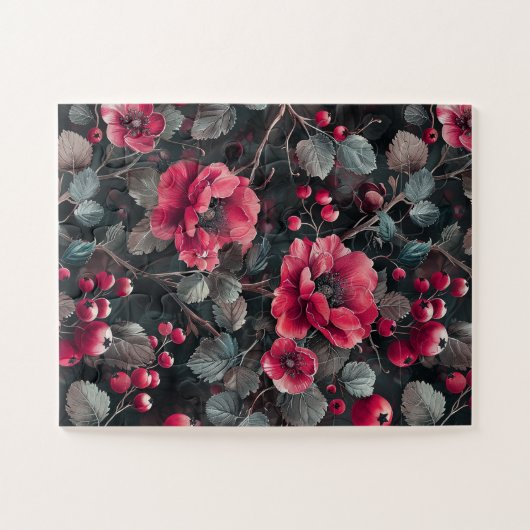 Himbeere, bordeauxfarbene Blume auf dunkelgrau Puzzle (Horizontal)