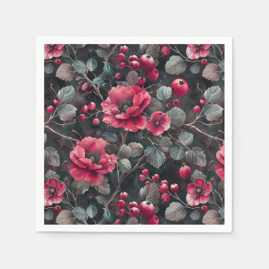 Himbeere, bordeauxfarbene Blume auf dunkelgrau Serviette (Vorderseite)