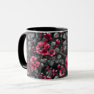 Himbeere, burgunderrote Blumen auf dunkelgrau Tasse