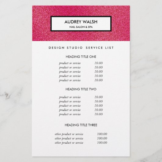 Himbeere Glitzer Weißer Salon Preise & bServices Flyer (Vorne)