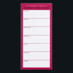 Himbeere Minimalistische Einfache Familienmahlplan Magnetischer Notizblock<br><div class="desc">Schreiben Sie Ihre Abendessen auf diesem Magnettafel, damit Sie die wöchentlichen Mahlzeiten ganz einfach planen und auf Ihren Kühlschrank, Ihre Pantry-Tür oder Ihr Kommandozentrum legen können. Die schlichte, moderne Gestaltung in Rot, Schwarz und Weiß mit Sans Serif Schriftart wird jedem visuell organisierten Feinschmecker gefallen. Personalisieren Sie den Namenstext an der...</div>