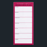 Himbeere Minimalistische Einfache Familienmahlplan Magnetischer Notizblock<br><div class="desc">Schreiben Sie Ihre Abendessen auf diesem Magnettafel, damit Sie die wöchentlichen Mahlzeiten ganz einfach planen und auf Ihren Kühlschrank, Ihre Pantry-Tür oder Ihr Kommandozentrum legen können. Die schlichte, moderne Gestaltung in Rot, Schwarz und Weiß mit Sans Serif Schriftart wird jedem visuell organisierten Feinschmecker gefallen. Personalisieren Sie den Namenstext an der...</div>