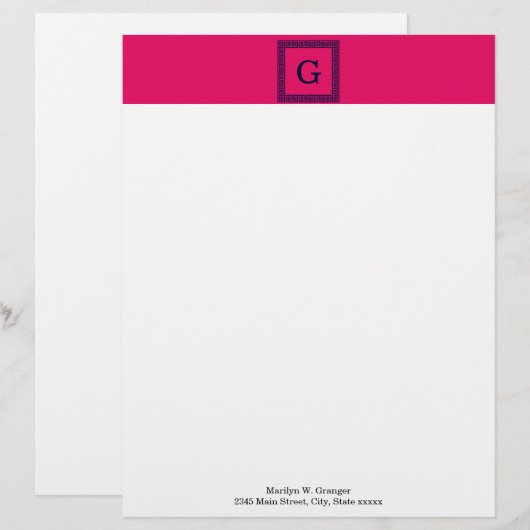 Himbeere, Navy Blue Griechischer Schlüssel #1 Gera Briefbogen (Vorne/Hinten)