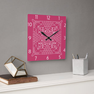 Himbeere Rosa Crochet Chart Square Wall Clock Quadratische Wanduhr