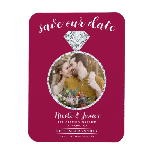 Himbeere Rosa Diamantring Save the Date blenden Magnet (Vertikal)