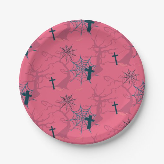 Himbeere Rosa Spinnennetz, graue Bäume und Grab Pappteller (Vorderseite)