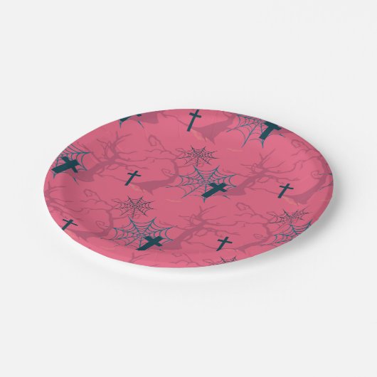 Himbeere Rosa Spinnennetz, graue Bäume und Grab Pappteller (Schrägansicht)