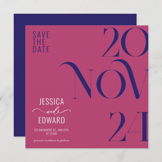 Himbeere Rose und Dunkelblauer Retro Moderner Mini Save The Date (Vorne/Hinten)