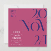 Himbeere Rose und Dunkelblauer Retro Moderner Mini Save The Date (Vorderseite)