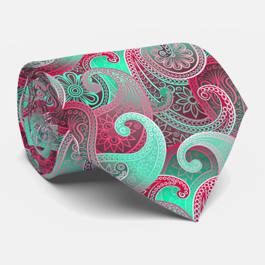 Himbeere und Aqua Paisley Pattern Krawatte (Gerollt)