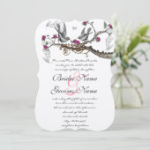 Himbeere Vintage Vögel Hochzeit Wein Einladung (Stehend Vorderseite)