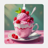 Himbeereis in einem rosa Kaffeebecher Ornament Aus Metall (Rückseite)