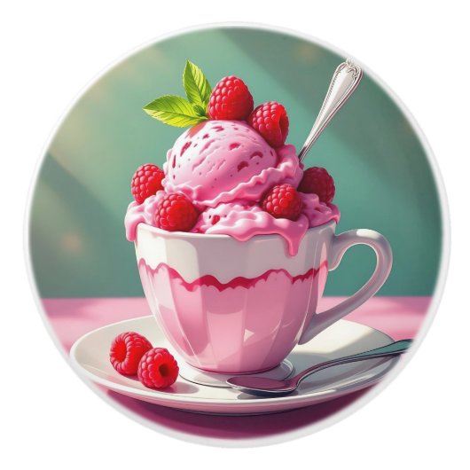 Himbeereis in einer rosa Kaffeetasse Keramikknauf (Vorderseite)