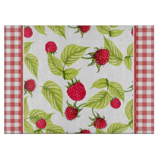 Himbeeren auf Red Gingham Schneidebrett (Vorderseite)