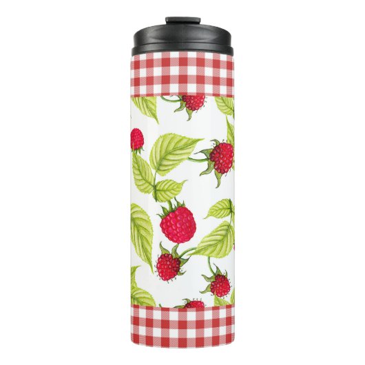 Himbeeren auf rotem Gingham Thermosbecher (Vorderseite)