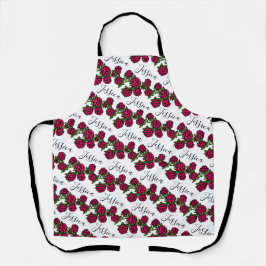 Himbeeren, die rotes grünes Namensmuster gezeichne Schürze