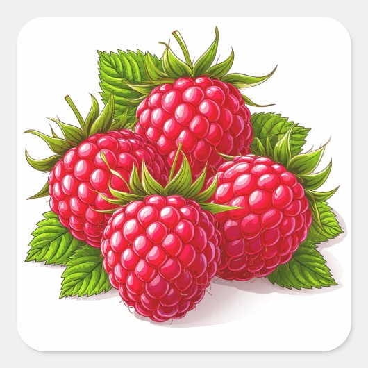 Himbeeren mit grünen Blätter, frisch Quadratischer Aufkleber (Vorderseite)