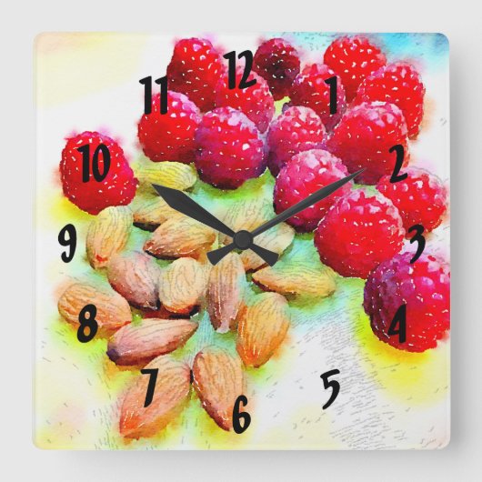 Himbeeren und Mandeln Quadratische Wanduhr (Vorderseite)