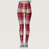 Himbeerrosa Creme u. roter großer Tartan kariert Leggings (Vorderseite)