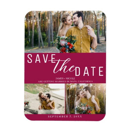Himbeerrosa Save the Date Hochzeit 3 Fotos Magnet (Vertikal)