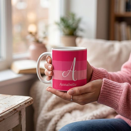 Himbeerrosa Streifen, benutzerdefinierte Monogramm Kaffeetasse