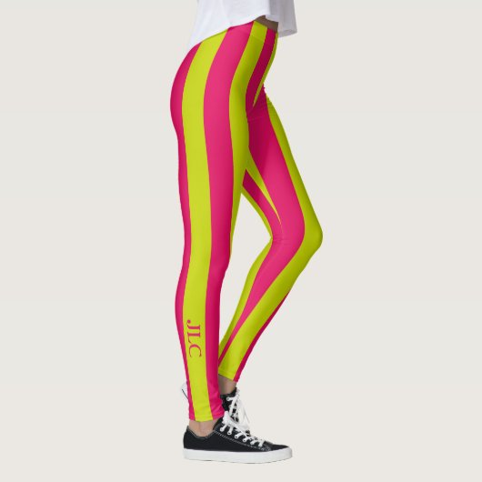 Himbeerrosa und Limones grünes Streifen-Monogramm Leggings (Rechts)