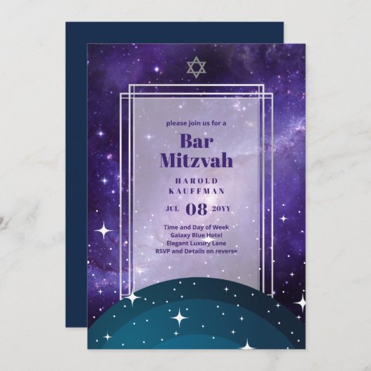 Himmel über BAR MITZVAH Galaxy Blue Gold Elegante Einladung (Vorne/Hinten)