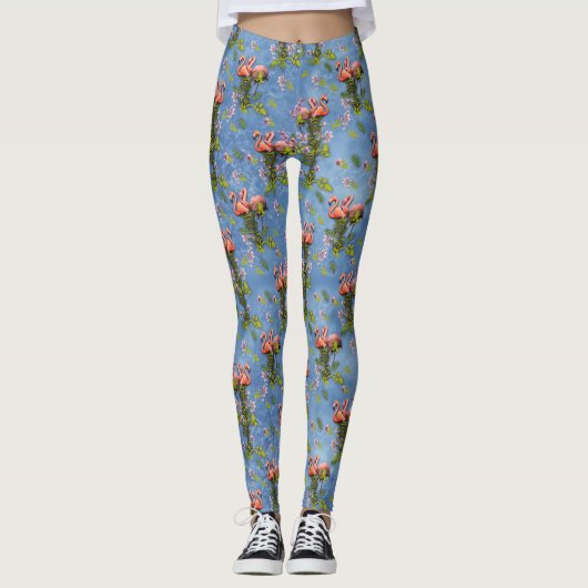 Himmelblau bewölkt und Flamingos Wiederholungsdruc Leggings (Vorderseite)