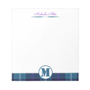 Himmelblau-Dunkelblau Kariertes Tartan Monogrammie Notizblock