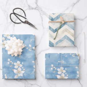 Himmelblau hübsche weiße Blumen Geburtstag Geschenkpapier Set