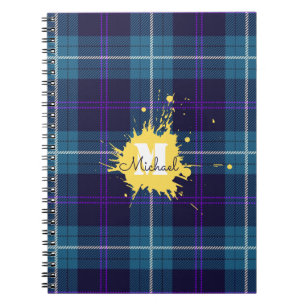Himmelblau Kariert Tartan Gelber Spritzer Monogram Notizblock