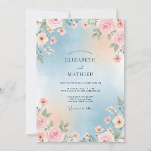 Himmelblau leuchtende Rosenhochzeit Einladung
