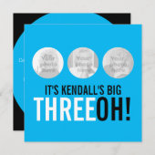 Himmelblau schwarz 30. THREEOH! Foto Geburtstag Einladung (Vorne/Hinten)