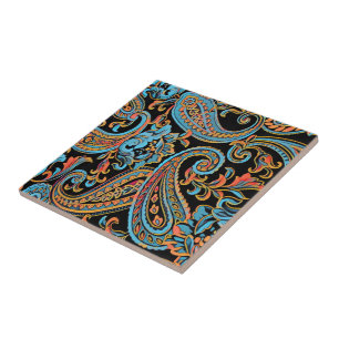 Himmelblau und Herbstorange Vintage Paisley Fliese