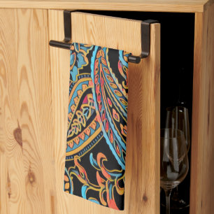 Himmelblau und Herbstorange Vintage Paisley Geschirrtuch