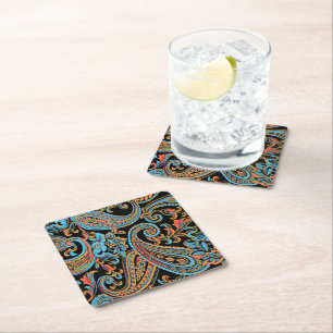 Himmelblau und Herbstorange Vintage Paisley Rechteckiger Pappuntersetzer