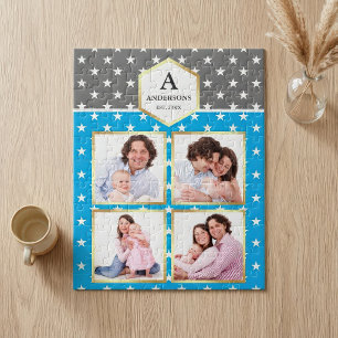 Himmelblau-Weiß-Sterne-Muster Familienfoto-Collage Puzzle