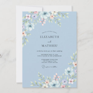 Himmelblaue Blütenanordnung Hochzeit Einladung