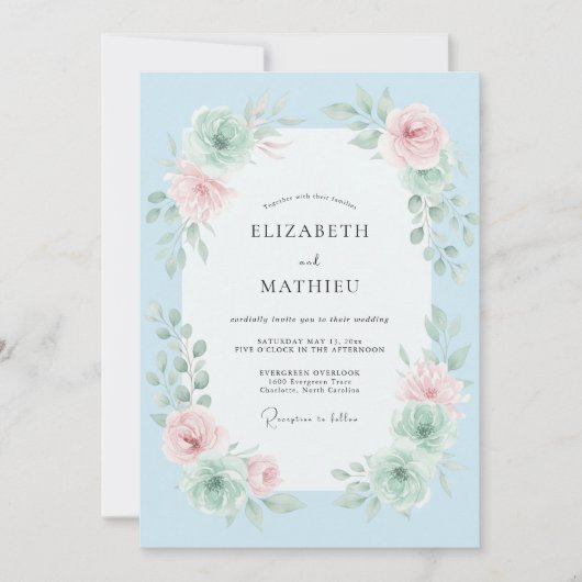 Himmelblaue Florale Pinselstrich-Hochzeit Einladung (Vorderseite)
